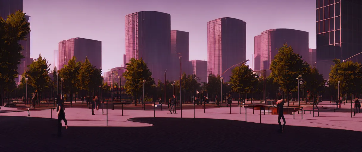 Image similar to modern city center public park, modern landscape architectural design for industrialpunk, gorgeous lighting, golden hour, cyberpunk, 2077, dramatic lighting and composition, octane render, unreal engine 5, 8k