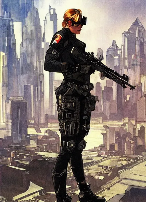 Image similar to Dinah. USN special forces operator looking at city skyline. Agent wearing Futuristic stealth suit. rb6s Concept art by James Gurney, Alphonso Mucha.