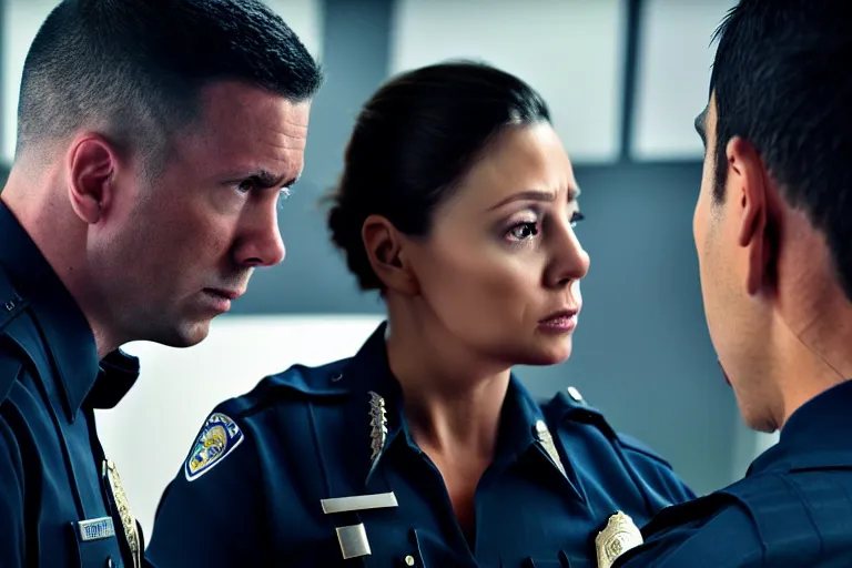 Image similar to vfx film closeup, police detective couple arguing in police precinct, over the shoulder shot, flat color profile low - key lighting award winning photography arri alexa cinematography, hyper real photorealistic cinematic beautiful natural skin, famous face, atmospheric cool colorgrade