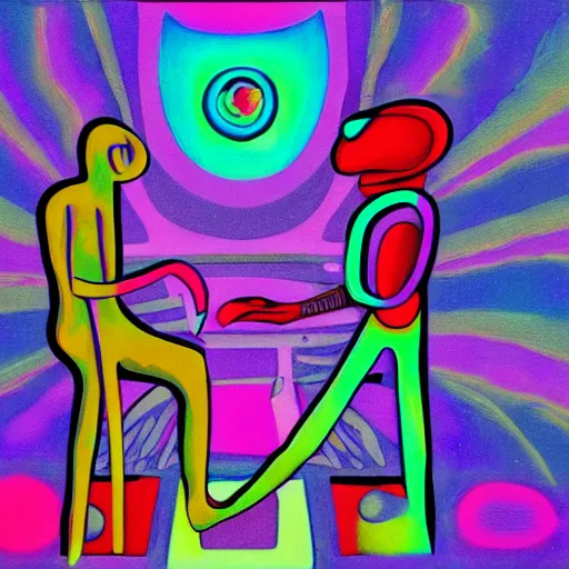 Prompt: artistic depiction of an alien being controlling a human, very colourful, enigmatic and hypnotizing art