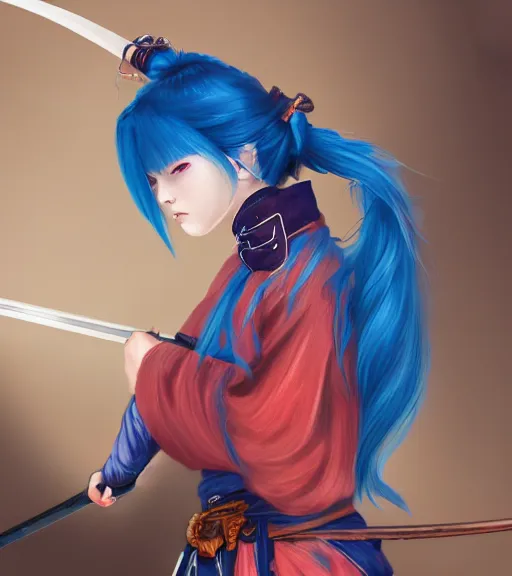 Image similar to a girl with blue hair holding a katana, samurai outfit, japanese clothes, ponytail, action shot, highly detailed, digital painting, artstation, concept art, smooth, sharp focus, kunoichi, illustration