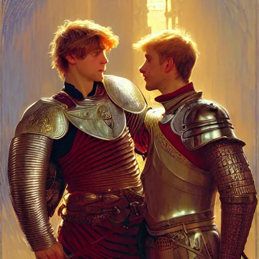 Image similar to attractive arthur pendragon and his attractive male knight, they are in love, natural lighting, path traced, highly detailed, high quality, digital painting, by gaston bussiere, craig mullins, alphonse mucha j. c. leyendecker