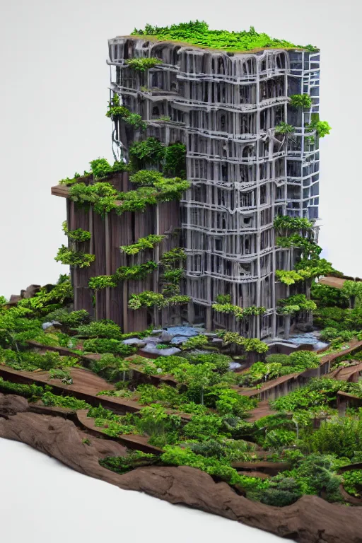 Prompt: 3 d printed physical model organic flowy including more than one city into one vertical building model that sits on a table in a room with a view back, multiple stories, wooden, with vegetation, colorful, eye - level view, 8 0 k, octane render, highly detailed 3 d render,