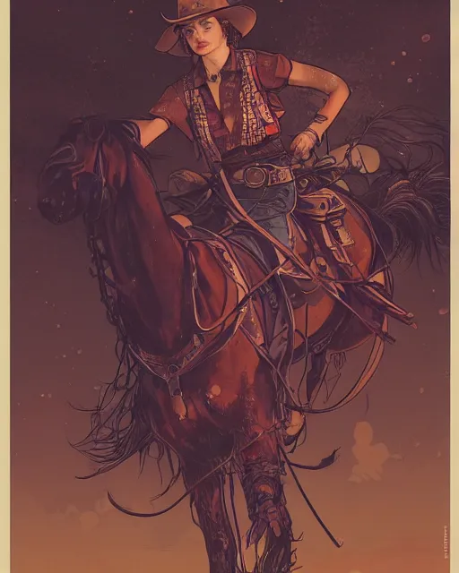 Image similar to a cowgirl, midshot single subject, art poster, ambient lighting, detailed, by ayami kojima, makoto shinkai, kilian eng
