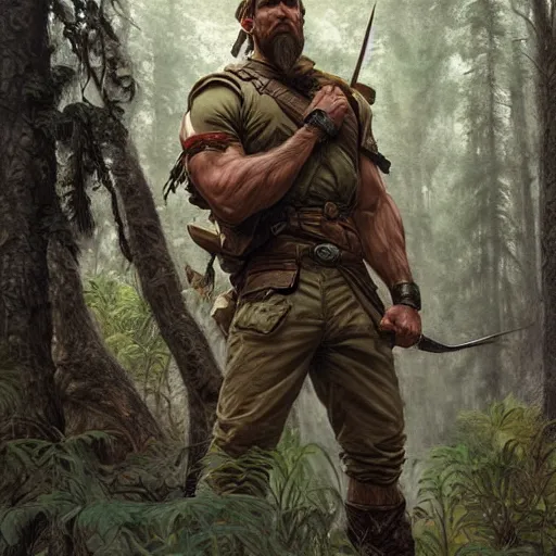 Image similar to portrait of rugged male ranger in the forest, masculine, D&D, muscular, fantasy, intricate, elegant, highly detailed, digital painting, artstation, concept art, smooth, sharp focus, illustration, art by artgerm and greg rutkowski and alphonse mucha