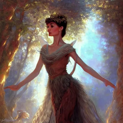 Prompt: audrey hepburn as a winged fairy in a fantasy forest, various backgrounds, highly detailed, digital painting, artstation, matte, illustration, art by gaston bussiere, artgerm, greg rutkowski, tom bagshaw