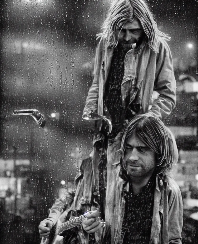 Prompt: medium format photo of kurt cobain in seattle, raining! nighttime, color, photorealistic, hyperdetailed, 8 k