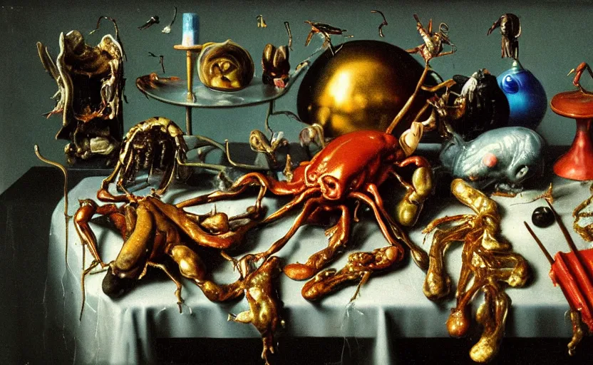 Image similar to strange full body, disturbing colorful oil painting dutch golden age vanitas still life sparse composition with bizarre objects strange gooey transparent surfaces shiny metal reflections bizarre mutant meat insects rachel ruysch dali todd schorr very detailed perfect composition rule of thirds masterpiece canon 5 0 mm, cinematic lighting, photography, retro, film, kodachrome