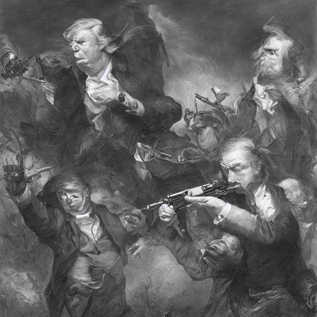 Prompt: Trump with a gun,.highly realistic, hyper detailed,4k,by gustav doré