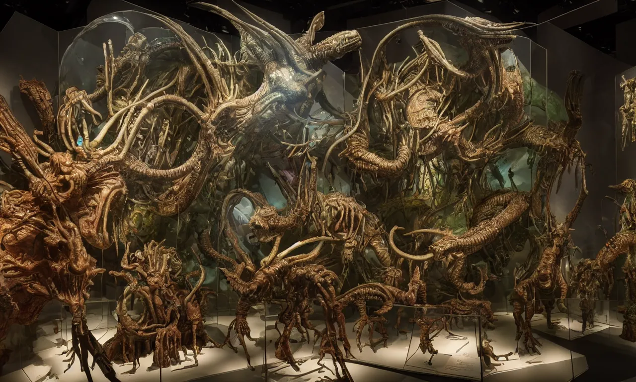 Prompt: an exhibition hall of a museum of renaissance full of glass showcases with incredibly detailed dioramas of aliens, fused into epoxide, high detail, raytracing, back light, raymarching, new movie from digital domain and weta digital