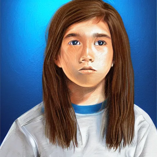 Image similar to portrait of a boy with long fluffy brown hair. blue background. large brush strokes, digital art, procreate