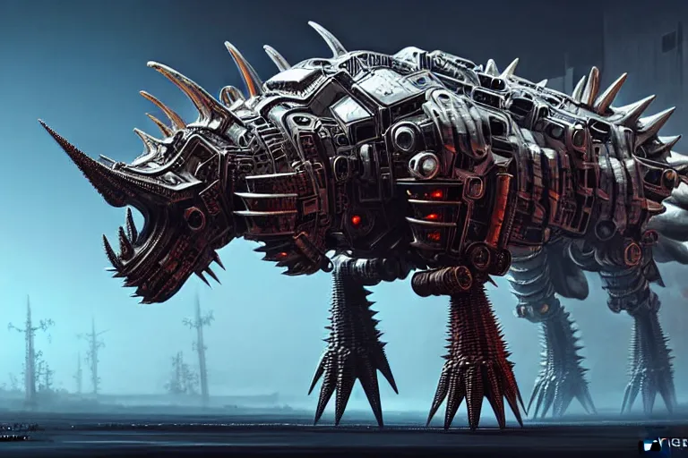 Image similar to spiky triceratops in a cyborg mech suit, by alexandre ferra, zezhou chen, peter gric, mohamed reda and hr giger, hyper detailed, screen print, character concept art, realistic, coherent, octane render, zbrush central, behance hd, hypermaximalist