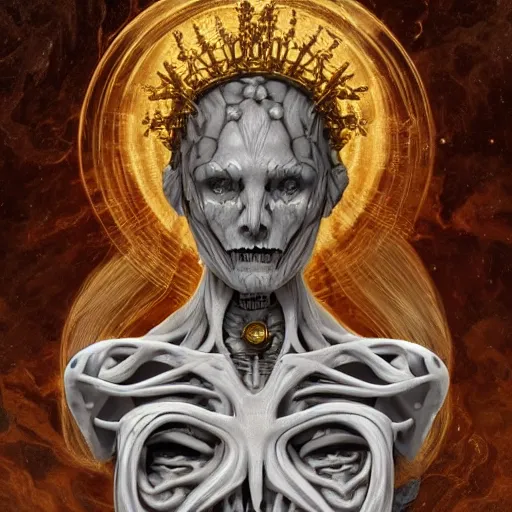 Prompt: portrait of Hecate as a marble statue skeleton, greek mythology, gold crown and filaments, visible fossilized arteries and bones and veins and spine and muscles and nerves, intricate, headshot, highly detailed, digital painting, artstation, concept art, sharp focus, cinematic lighting, illustration, art by artgerm and greg rutkowski, alphonse mucha, cgsociety, chiaroscuro