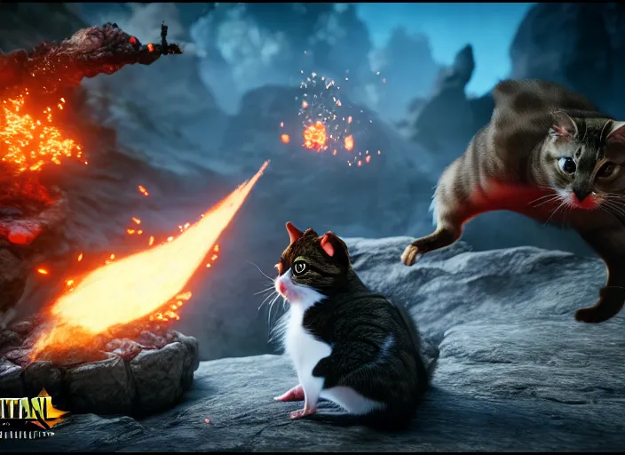 Image similar to hamster fights a cat in mortal kombat at a volcano with shao khan cheering in the background. fantasy magic style. highly detailed 8 k. intricate. lifelike. soft light. sony a 7 r iv 5 5 mm. unreal engine with nanite and path tracing