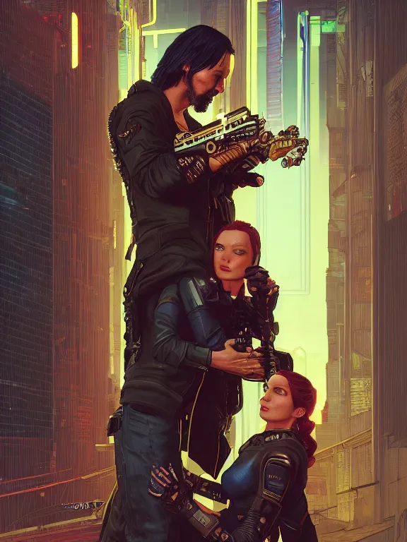 Prompt: a cyberpunk 2077 couple portrait of Keanu Reeves and V,love story,film lighting,by laurie greasley,Lawrence Alma-Tadema,William Morris,Dan Mumford,trending on atrstation,FAN ART,full of color,Digital painting,face enhance,highly detailed,8K, octane,golden ratio,cinematic lighting