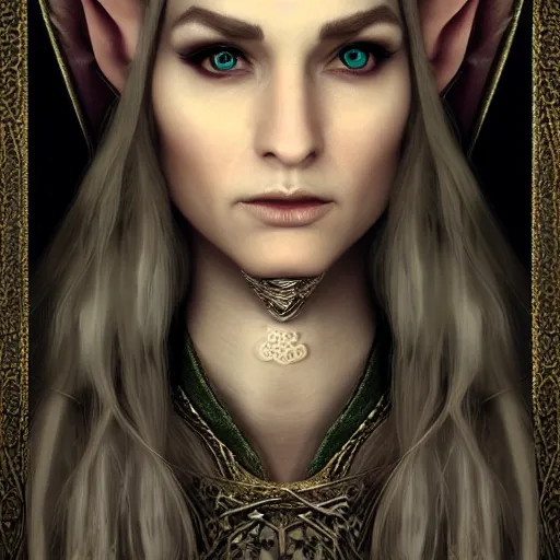 Image similar to beautiful hyper realistic portrait of a female elf wizard, focus on face, fantasy, medieval, elegant, soft, feminine,intricate details, cinematic, trending on artstation, in the style of D&D