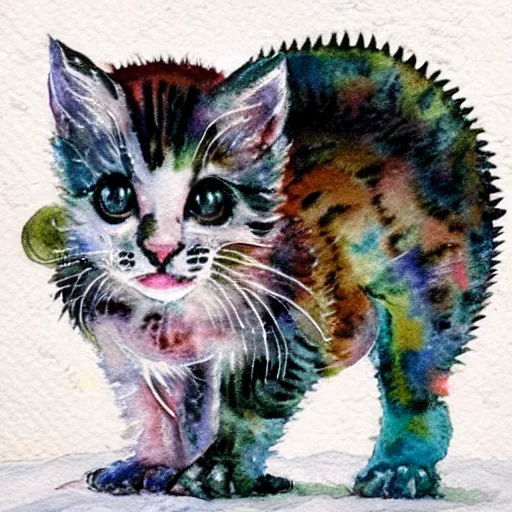 Image similar to a kitten dinosaur hybrid!!, watercolor painting