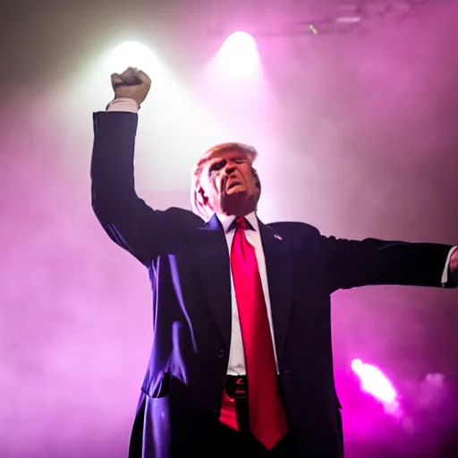 Image similar to donald trump headbanging on stage as the lead singer in a black metal band, full makeup, large crowd, 5 0 mm lens, volumetric lighting
