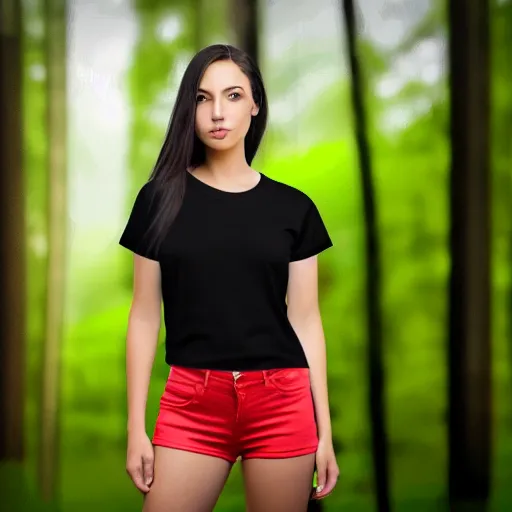 Image similar to clear photorealistic mockup product photograph of a blank black tshirt on an attractive female model in front of a nature background - h 7 0 4