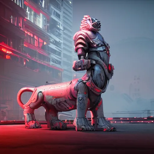 Prompt: steel cyberpunk lion red glow, concept art, matte painting by jama jurabaev, hard surface, octane render