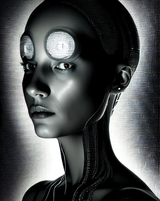 Image similar to black and white cyborg-plant goddess high quality photo, microchip, artificial intelligence, bio-mechanical bio-luminescence, black wired cables, neurons, nerve cells, octane render, cinematic, rim light, hyper realism, photo-realistic, high detail, 8k, masterpiece, high fashion, in the style of Steven Meisel and Dora Maar and H.G. Giger