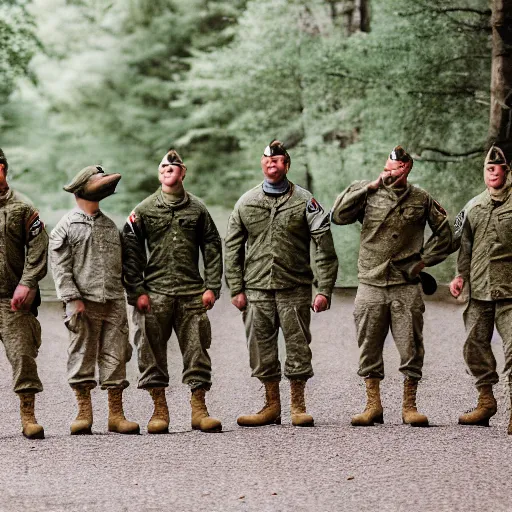 Image similar to a group of fox animals dressed in modern american military soldier uniforms, foxes animals, 8 5 mm f / 1. 4