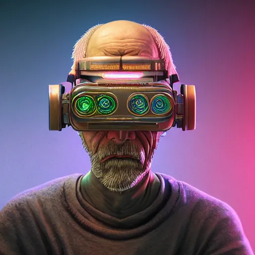 Prompt: Colour Photography of 1000 years old man with highly detailed 1000 years old face wearing higly detailed cyberpunk VR Headset designed by Josan Gonzalez Many details. Man eating higly detailed hot-dog. In style of Josan Gonzalez and Mike Winkelmann andgreg rutkowski and alphonse muchaand Caspar David Friedrich. Rendered in Blender
