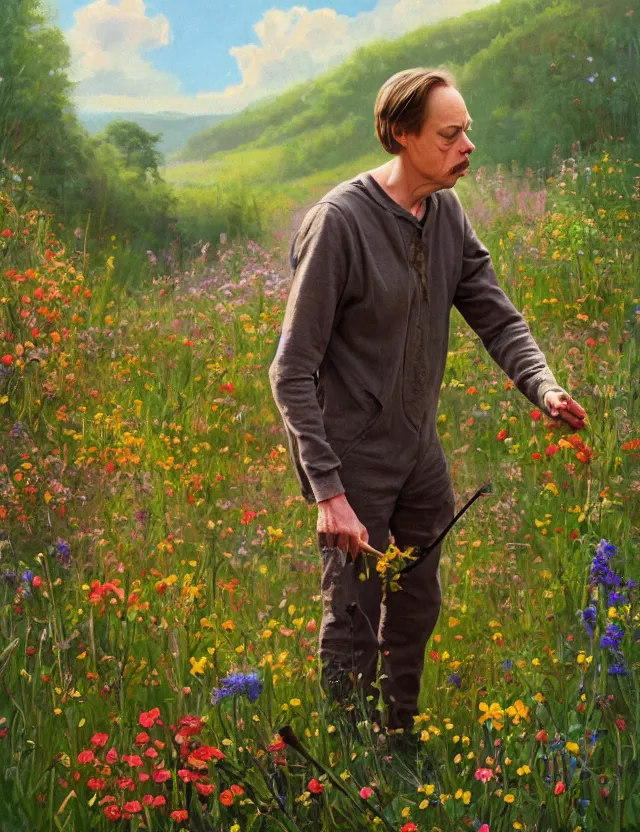 Prompt: steve buscemi picking wildflowers. gouache fairytale art, russian romanticism, muted palette, backlighting, depth of field