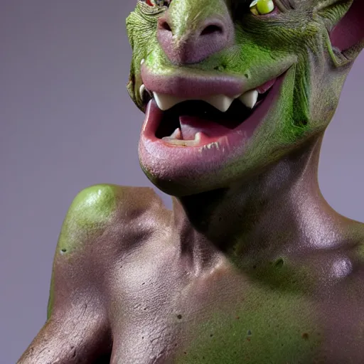 Image similar to portrait of a goblin. Green skin, pointy nose and evil grin. Detailed face. Photo 8K.