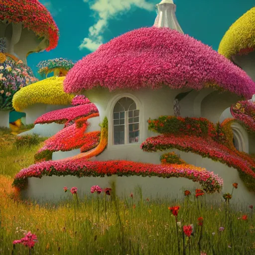 Image similar to a beautiful detailed surreal houses made from flowers in a serene landscape, Edmund Dulac, Jacek Yerka, landscape photography composition,vivid colors,octane render,redshift render :1