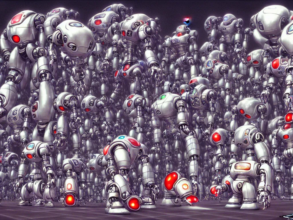 Prompt: programmers bowing down to their robot overlord by Yoshitaka Amano