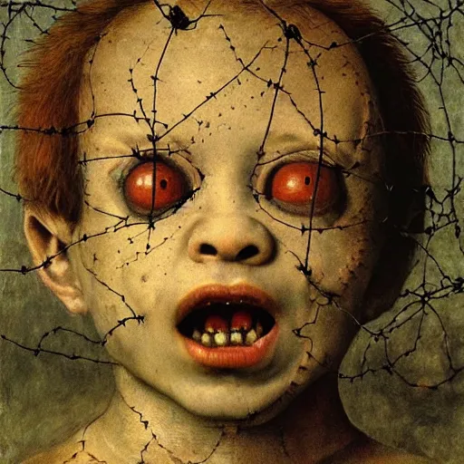 Image similar to a boy made of barbed wire looking into camera, screaming in pain, by giuseppe arcimboldo and ambrosius benson, renaissance, intricate and intense oil paint, a touch of beksinski and hr giger and edward munch, realistic