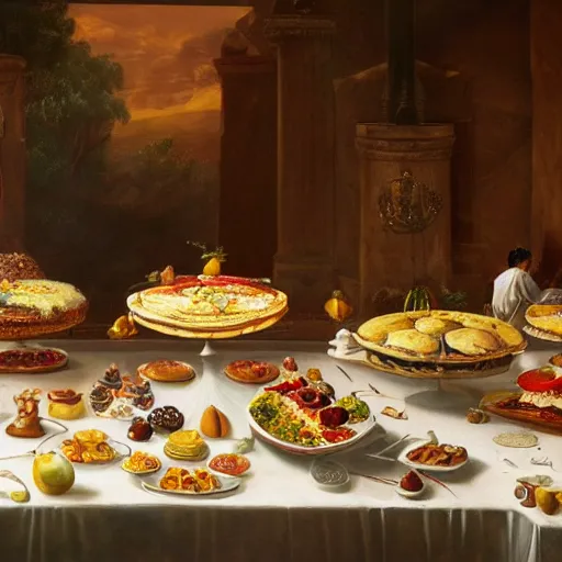 Prompt: a table with lots of deserts and dishes and fruits and vegetables, only the best from the best, cooked by master chefs, majestic and luxurious atmosphere, classical painting, high definition, digital art, matte painting, very detailed