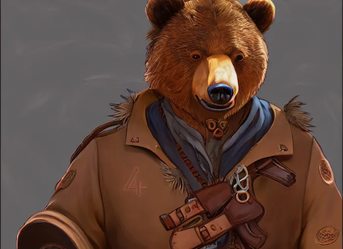 Image similar to character portrait feature of the anthro male anthropomorphic kamchatka brown bear fursona wearing cowboy outfit wild west desperado character design stylized by charlie bowater, ross tran, artgerm, and makoto shinkai, detailed, soft lighting, rendered in octane