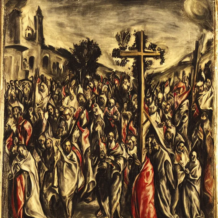 Prompt: A Holy Week procession in a lush Spanish village at night. A person at the front holds a cross. El Greco.