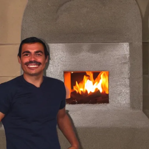 Image similar to photo of pedro sanchez very happy posing in front of a fire