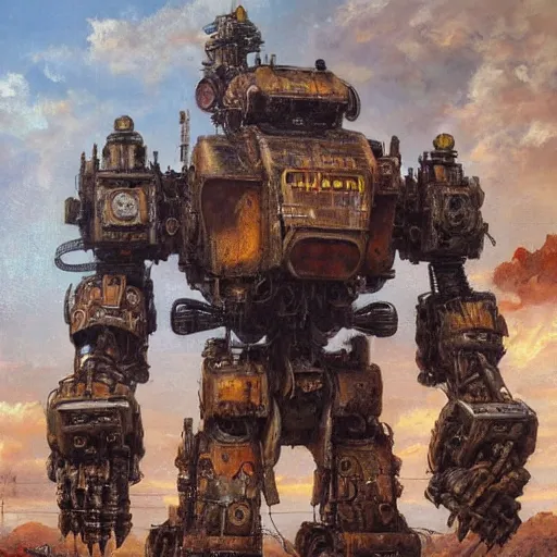 Image similar to oil painting of a huge rusting mech, that resembles a mechanical gorilla, highly detailed, complex, intricate by james gurney sleek, elegant, anime style