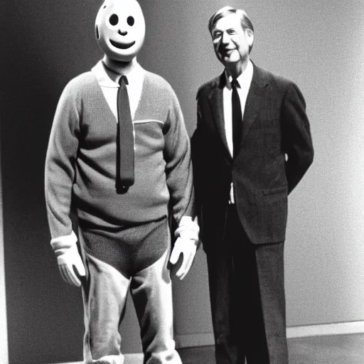 Prompt: Mr. Rogers standing next to Jason Voorhees