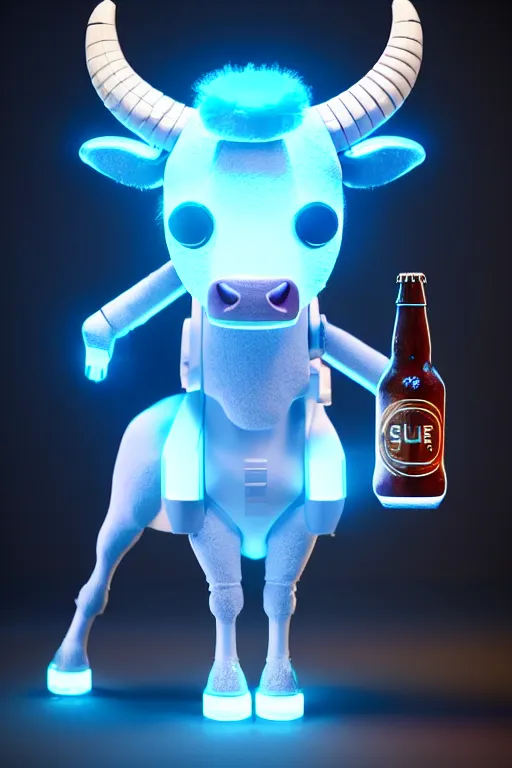 Prompt: high quality 3 d render sci - fi very cute cyborg cow fluffy! hybrid! drinking beer, highly detailed, unreal engine cinematic smooth, in the style of blade runner & detective pikachu, hannah yata charlie immer, dark blue neon light, low angle, uhd 8 k, sharp focus