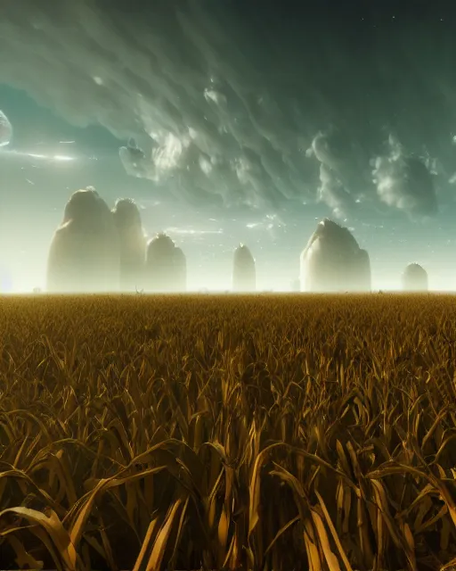 Image similar to cornfield growing on space station, hyper realism, cinematic, volumetric lighting, epic composition, high detail, octane render, unreal engine, 8 k, concept art, 3 d render, digital art, deviantart artstation, ray tracing, apocalyptic, intricate complexity, extremely detailed, very sharp,