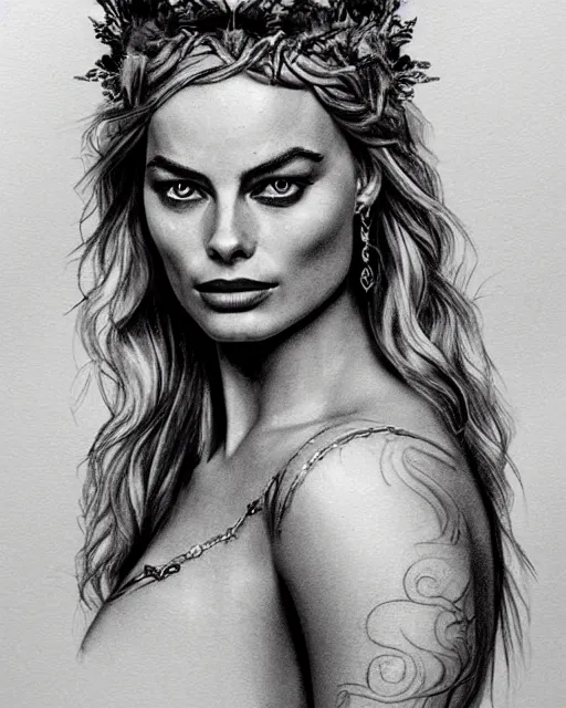 Image similar to realism tattoo sketch of margot robbie as a beautiful greek goddess aphrodite with piercing eyes wearing a laurel wreath and triangle earrings, in the style of greg rutkowski, amazing detail