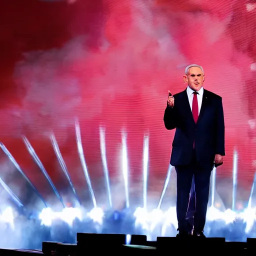 Image similar to photograph of benjamin netanyahu on stage singing in the eurovision representing israel, stage lighting, sharp focus, cinematic composition, wide shot, highly detailed