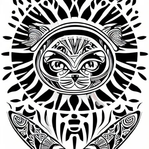 Image similar to tattoo sketch of a cat hugging the sun, on a canva, polynesian style, ornamental, line art, vector,