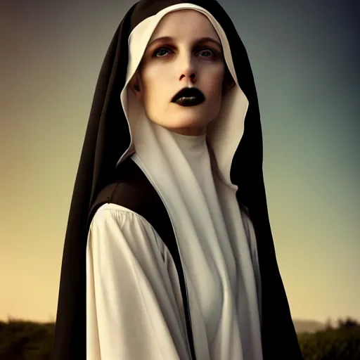 Image similar to photographic portrait of a stunningly beautiful goth nun female in soft dreamy light at sunset, contemporary fashion shoot, by edward robert hughes, annie leibovitz and steve mccurry, david lazar, jimmy nelsson, breathtaking, 8 k resolution, extremely detailed, beautiful, establishing shot, artistic, hyperrealistic, beautiful face, octane render