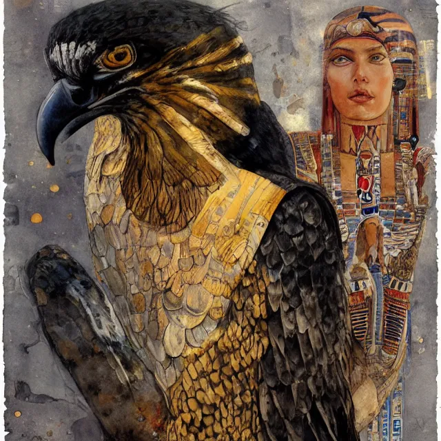 Prompt: expresionistic watercolor of Horus the falcon headed egyptian god, by Enki Bilal, by Gustav Klimt, by Greg Rutkowski, by Peter Mohrbacher, graffiti paint, vintage, splatters, scratches, trending on artstation