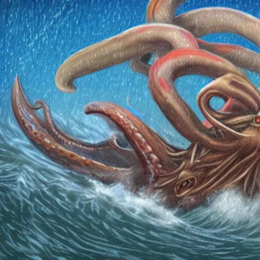 Image similar to coloured pencil drawing of a galion attacked by a giant octopus, rainy day an big waves. d & d, illustration, trending on artstation