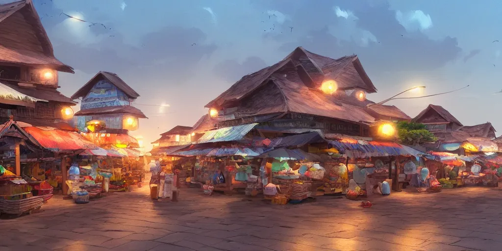 Prompt: shops at pulau indah fishing village by the sea, early morning, detailed matte painting, low angle view, telephoto lens, bokeh, studio ghibli, artstation