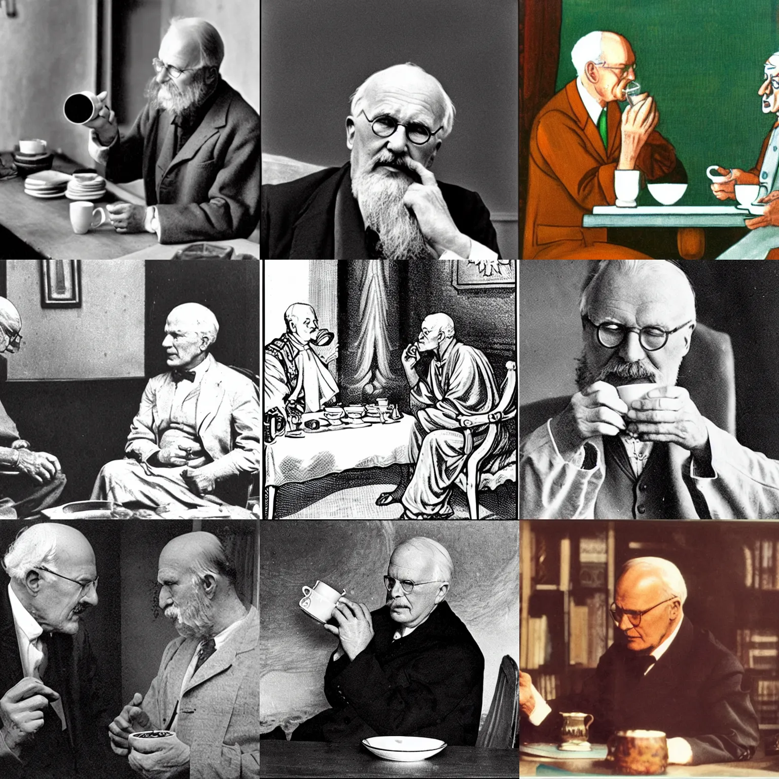 Prompt: carl jung drinking tea with the demiurge.