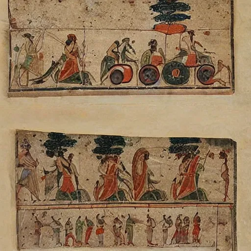 Image similar to ancient greek manuscript with pictures of cars