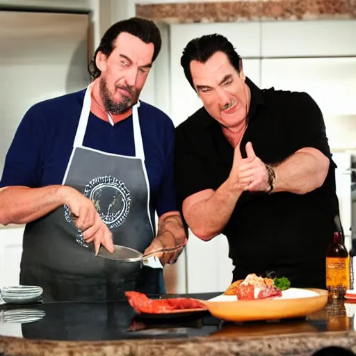 Image similar to john travolva and steven segal host a cooking show